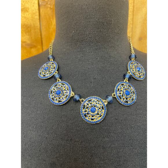 Women's Necklace Earring Set Gold Blue Stone Statement Beautiful - Picture 2 of 8